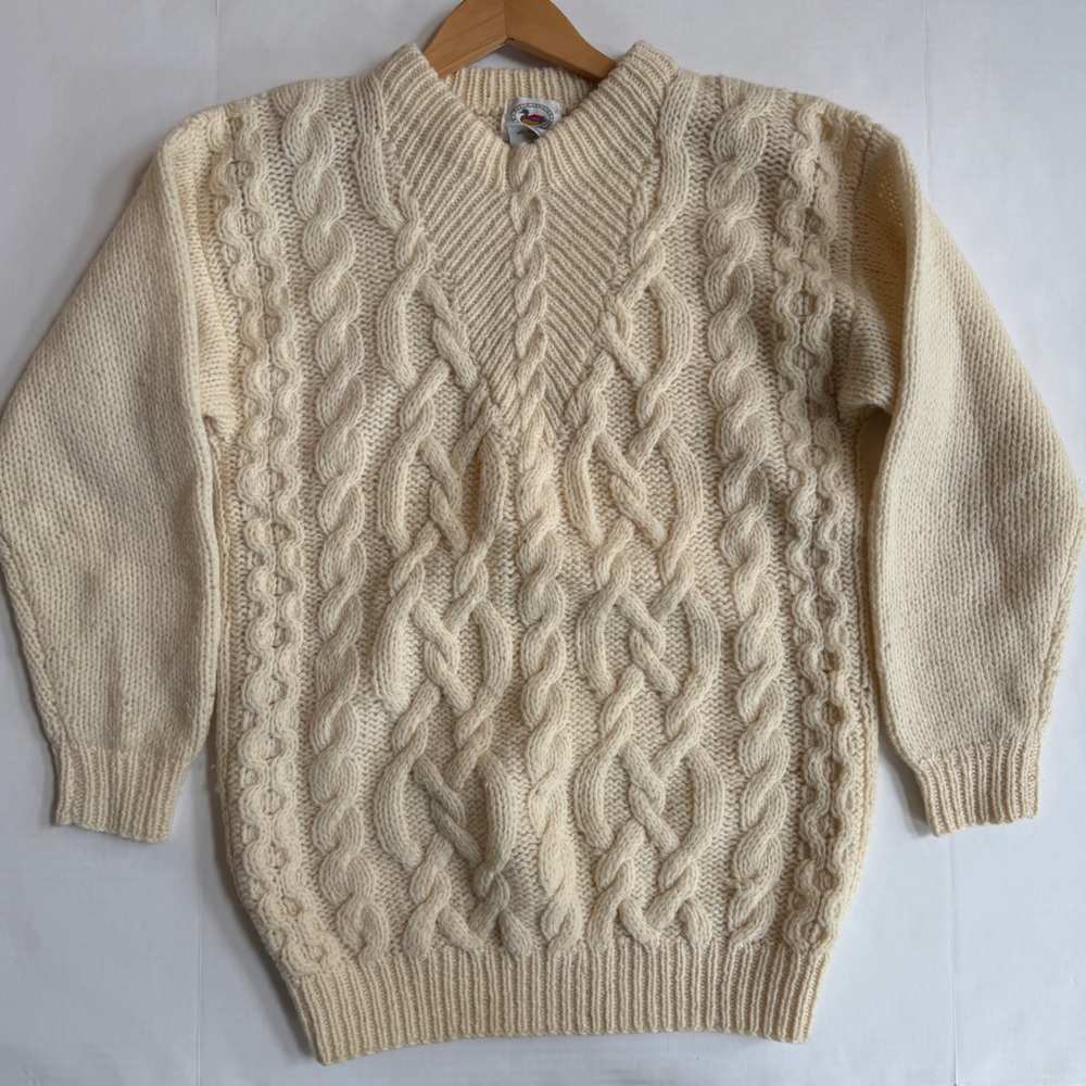 Marsh Landing Women's Vintage Ivory Wool  Hand Cable Knits Crewneck Sweater Sz M